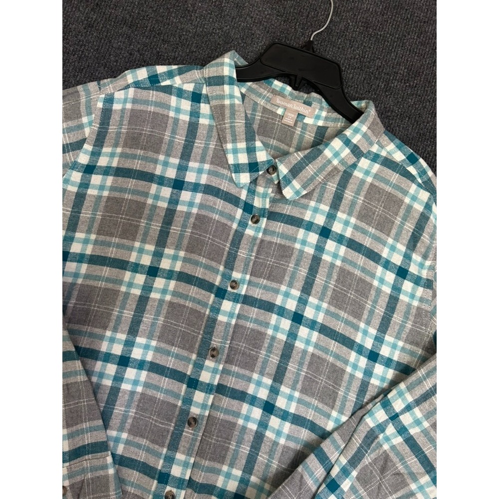 Woman Within 2X Long Sleeve Flannel Shirt Teal Blue Gray Plaid Soft Coastal